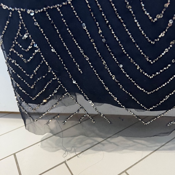 Adrianna Papell Art Deco Beaded Blouson Navy Full Length Formal Gown - Picture 14 of 14